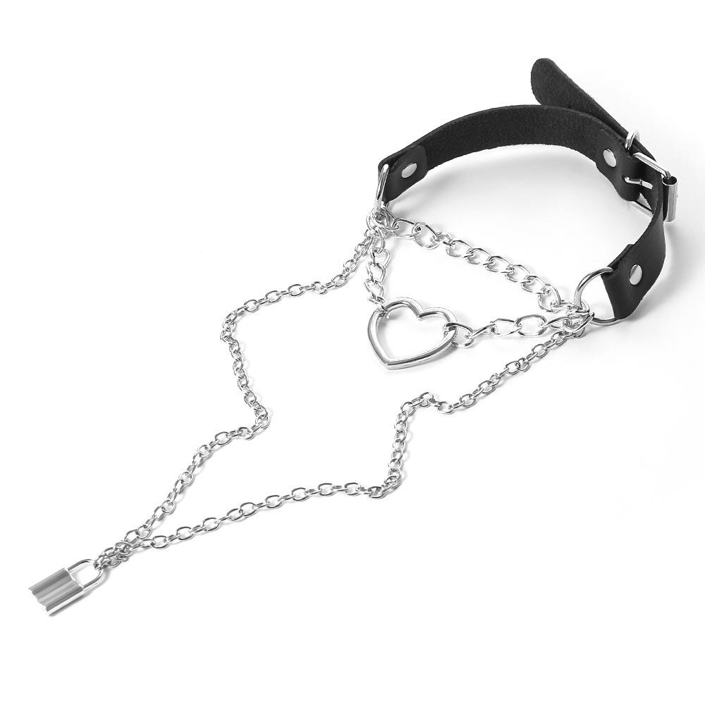 Jewelry personality exaggerated PU love necklace retro punk multi-layer chain geometric lock item