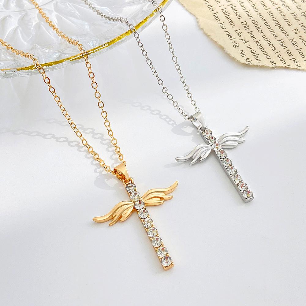 Ins full diamond cross necklace fashion temperament niche design angel wings collarbone chain couple necklace
