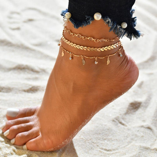 Fashion Jewelry Summer Hot Style Creative Tassel Sequin Small Leaf Arrow Diamond Three-piece Anklet