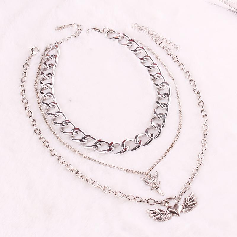 Personality jewelry alloy peach heart lock-shaped diamond-encrusted angel pendant double-layer set chain fashion necklace