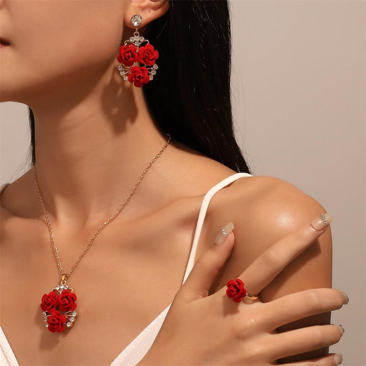 Rose Flower Necklace Set Vintage Fashion Red Rose Necklace Earrings Ring Valentine's Day Gift