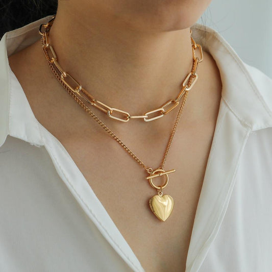 Jewelry ins personality heart-shaped pendant fashion metal exaggerated thick chain OT buckle multi-layer necklace