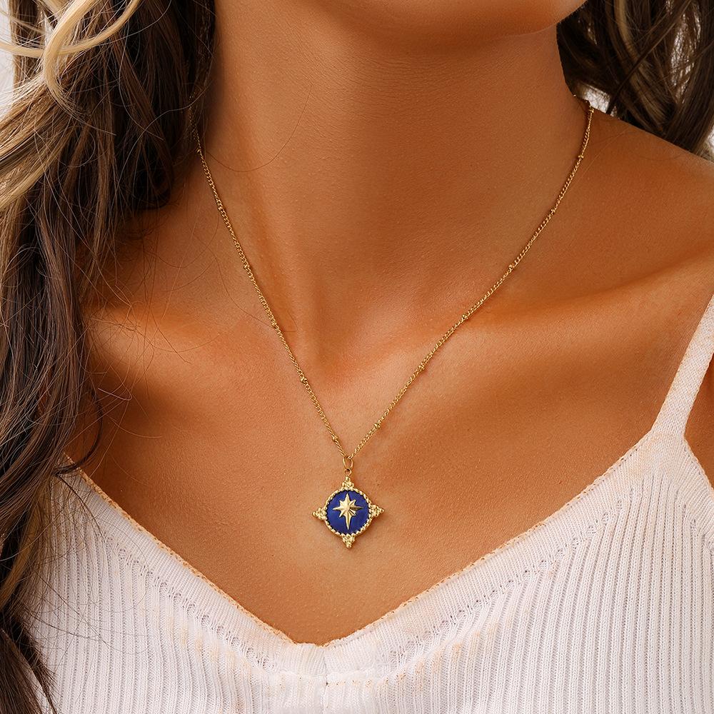 French temperament ladies stainless steel gold retro coin shield drop oil star short necklace