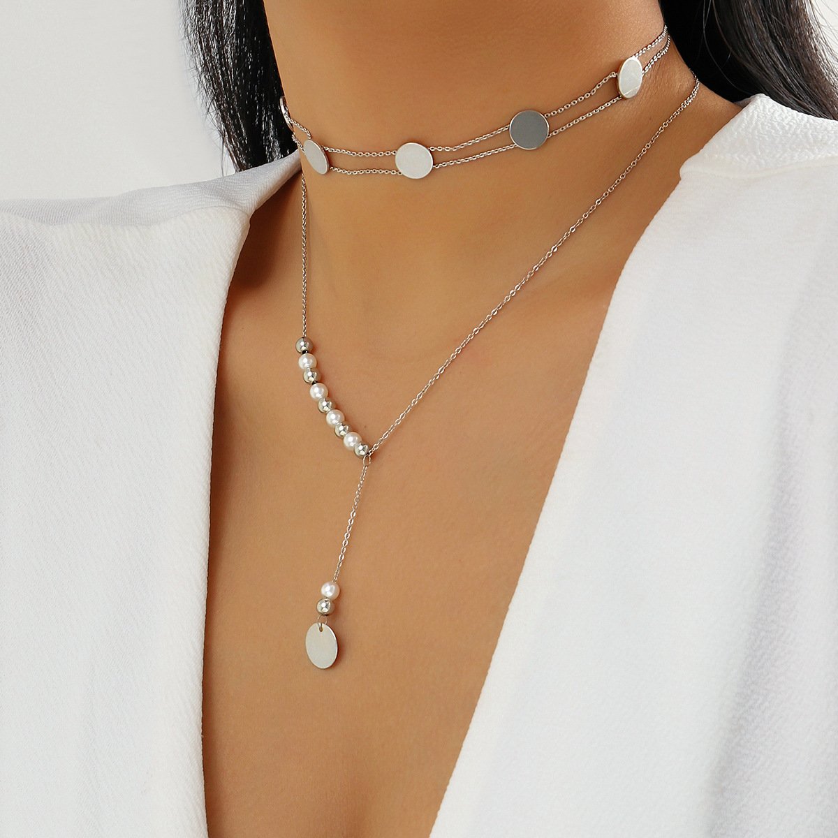 Jewelry Simple Metal Sequins Thin Chain Necklace Choker Niche Cold Pearl Necklace