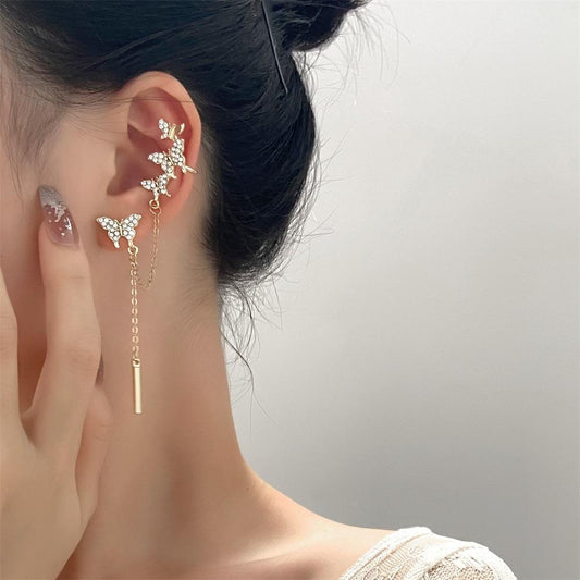 ins simple diamond-studded butterfly asymmetric ear clip fashion super fairy temperament one-piece tassel earring ear wire