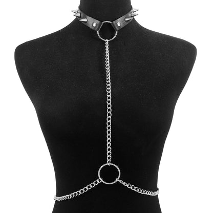 C42 Dark Night Sexy Babes Exaggerated Body Chain Leather Rivet Chain Circle Punk Waist Chain