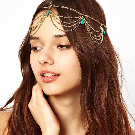 Jewelry multi-layer chain turquoise water drop head chain headdress female fashion Baroque headband headband