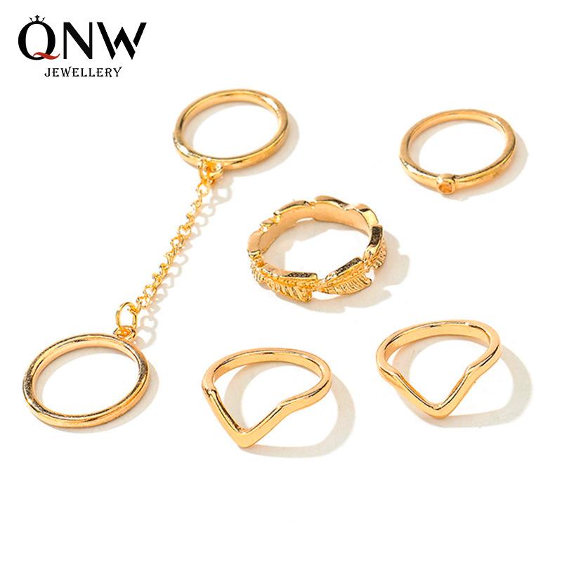 Personality fashion all-match ring diamond leaf leaf V-shaped joint finger chain 6-piece set finger