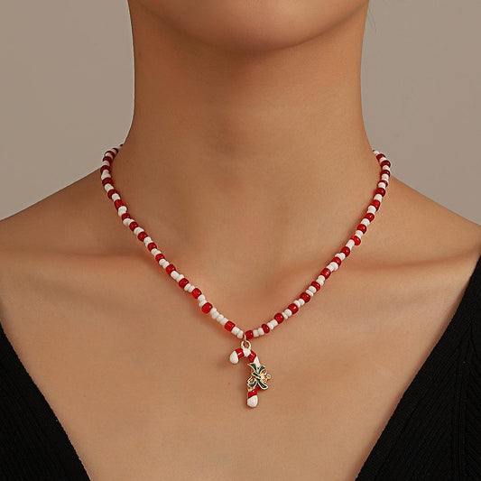 Handmade Beaded Necklace Christmas Gift Red Rice Beads Walking Stick Clavicle Chain Ethnic Necklace