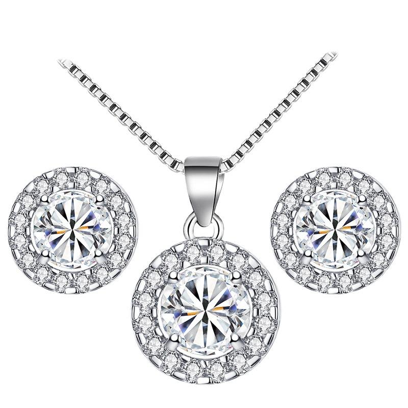 Classic Noble Fashion Jewelry Temperament Necklace Earrings Two-piece Set Round Zircon Set Earrings Necklace
