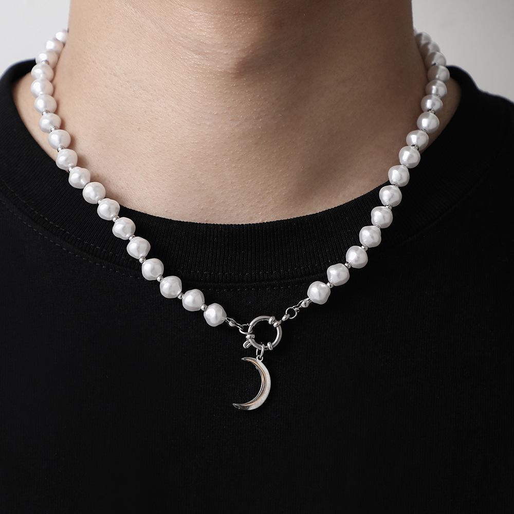 Fashion Harbor Stainless Steel Pearl Moon Lock Necklace Creative Retro Personality Design Versatile Men's Necklace