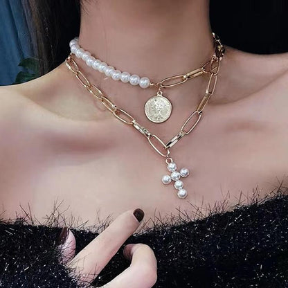 Jewelry Retro Pearl Cross Queen Coin Pendant Necklace Female Personality Short Neck Necklace