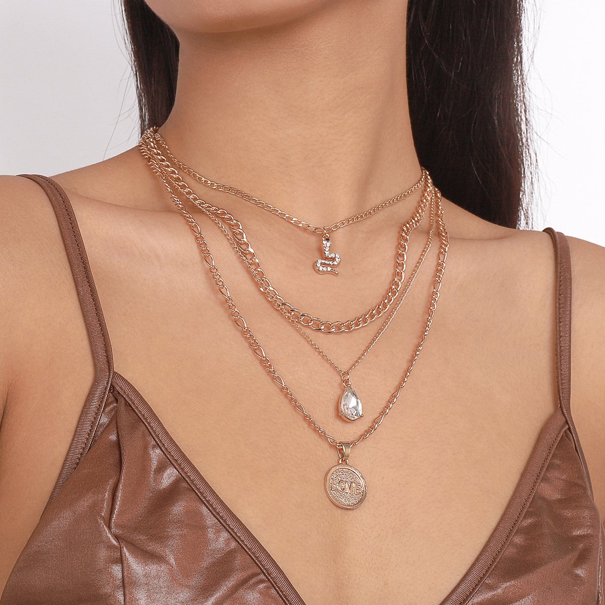 N168 punk snake-shaped stacked necklace disc LOVE water drop diamond personality retro multi-layer necklace