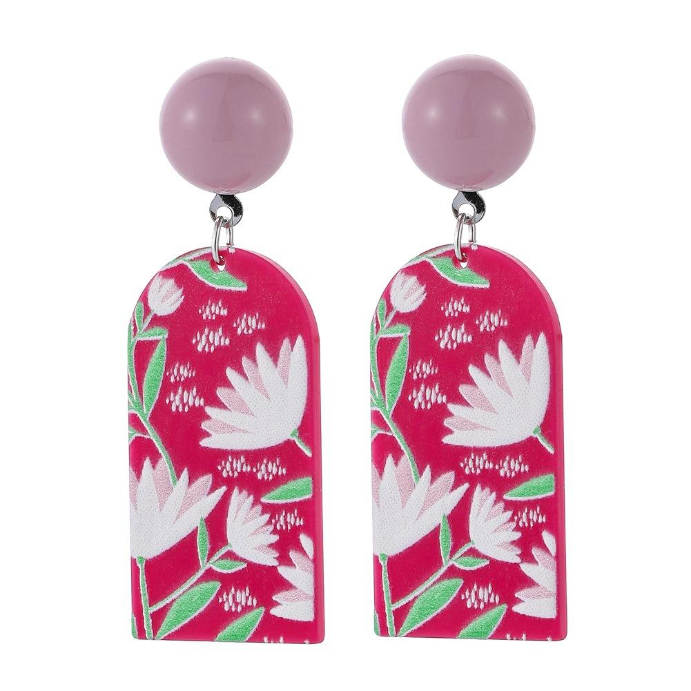 Acrylic plate printing pink lotus earrings personality simple art design sense versatile earrings