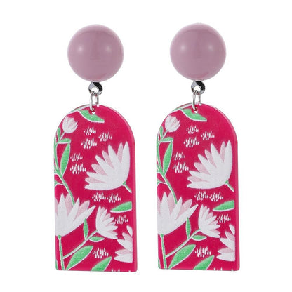Acrylic plate printing pink lotus earrings personality simple art design sense versatile earrings