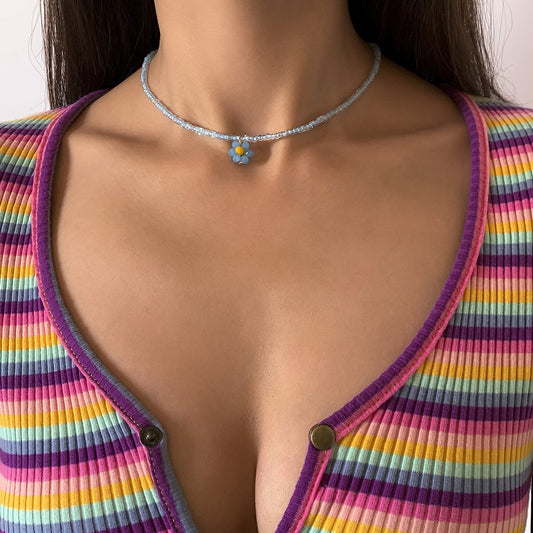 Simple Small Daisy Flower Rice Bead Necklace Bohemian Holiday Imitation Crystal Braided Clavicle Necklace