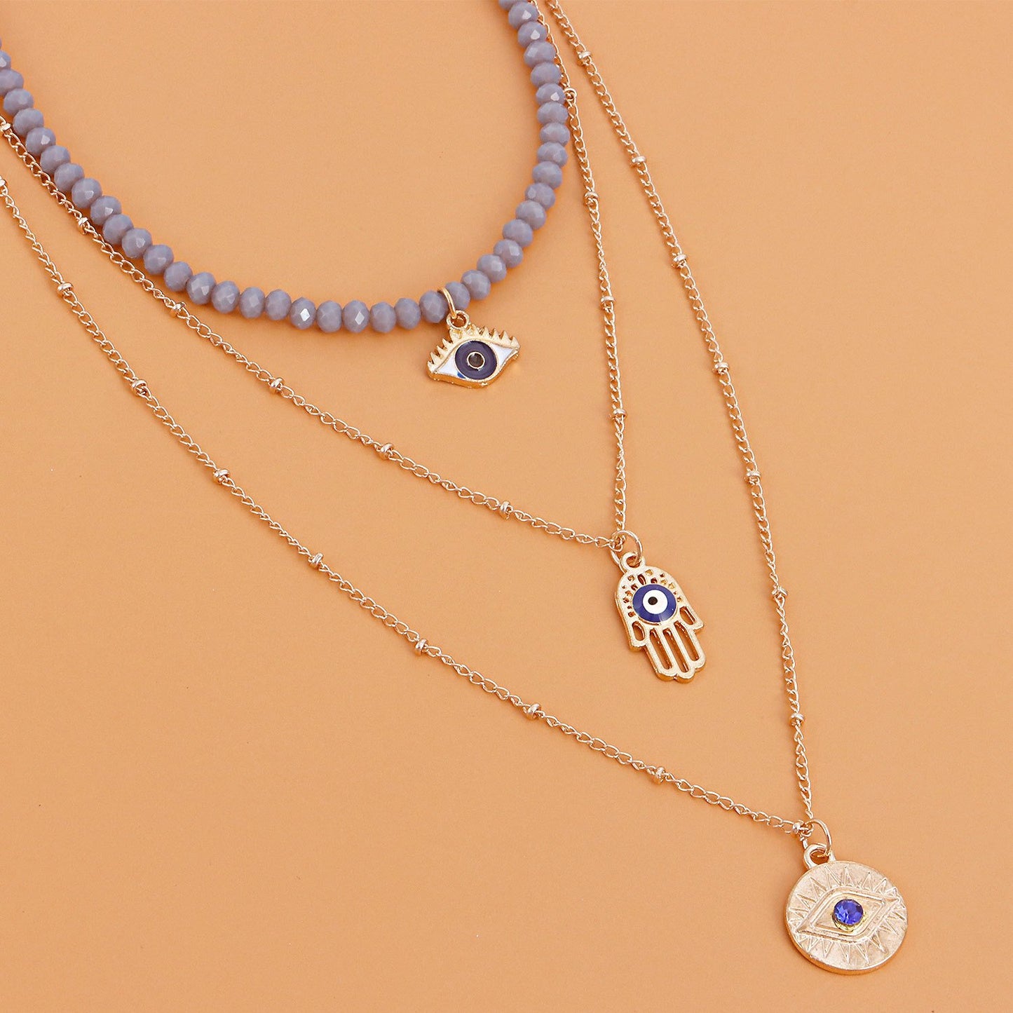 Jewelry trend multi-layer gray rhinestone blue devil's eye pendant necklace female personality necklace