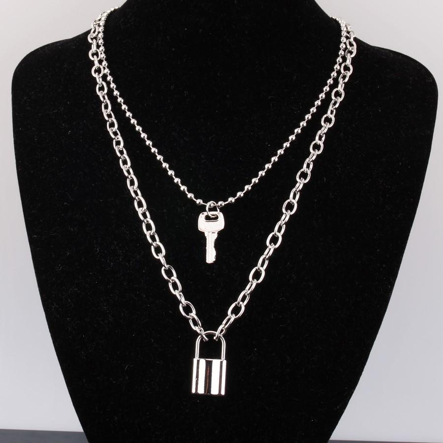 Necklace Jewelry Personality Double Bead Chain Lock with Key Necklace Female Alloy Chain Punk Hip-Hop Necklace