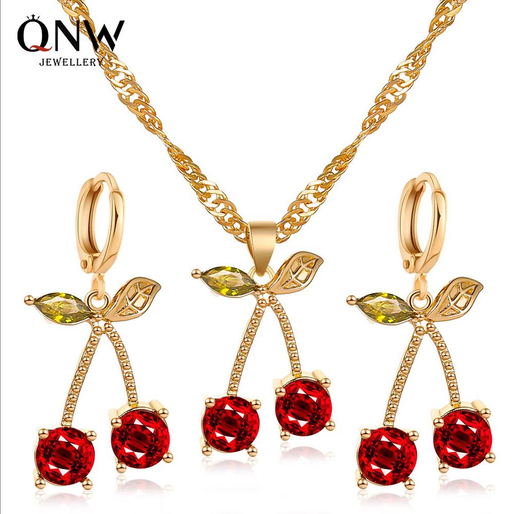 Wedding Dinner Jewelry Temperament Pomegranate Red Cherry Necklace Female Simple Versatile Crystal Earrings