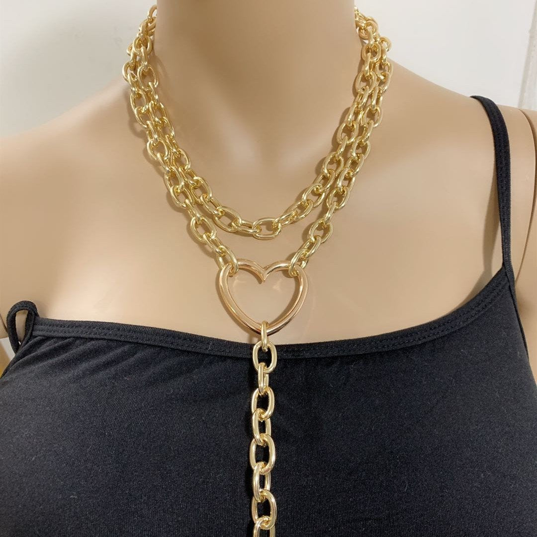 Jewelry punk exaggerated long ring multi-layer necklace personalized thick chain peach heart hip-hop necklace