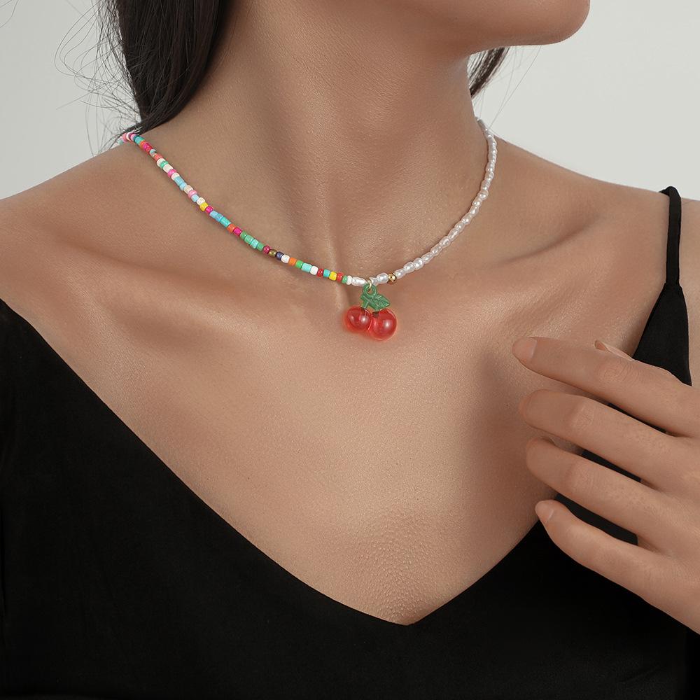 Trendy bohemian color rice beads cherries collarbone chain cute pearl cherry necklace jewelry female