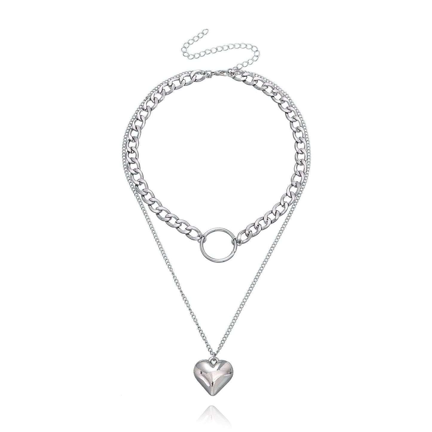 Jewelry Double Cuban Chain Ring Love Pendant Necklace Feminine Trendy Small Fragrance Necklace