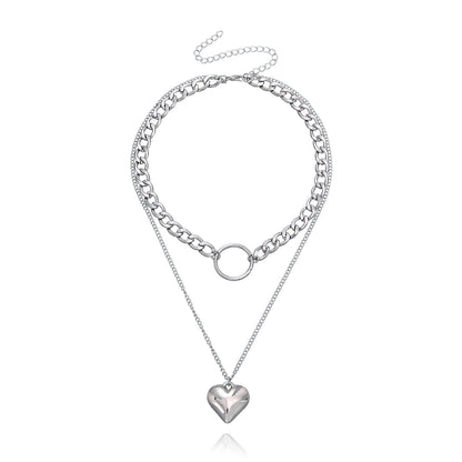 Jewelry Double Cuban Chain Ring Love Pendant Necklace Feminine Trendy Small Fragrance Necklace