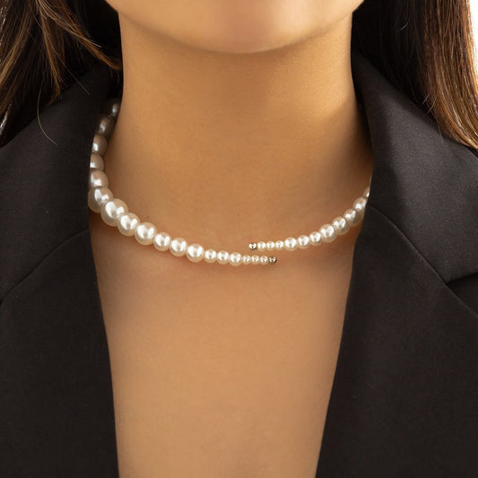 Jewelry French Vintage Metal Thin Chain Necklace Frosty Simple Imitation Pearl Beaded Collar