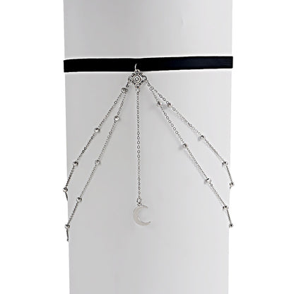 Jewelry Sexy Stretch Double Layer Ball Chain Body Chain Metal Crescent Moon Pendant Tassel Thigh Chain