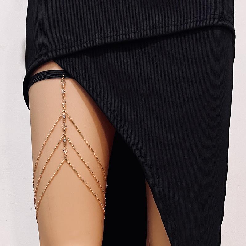 Bohemian three-layer tassel crystal pearl metal thigh chain female summer fashion sexy beach leg chain