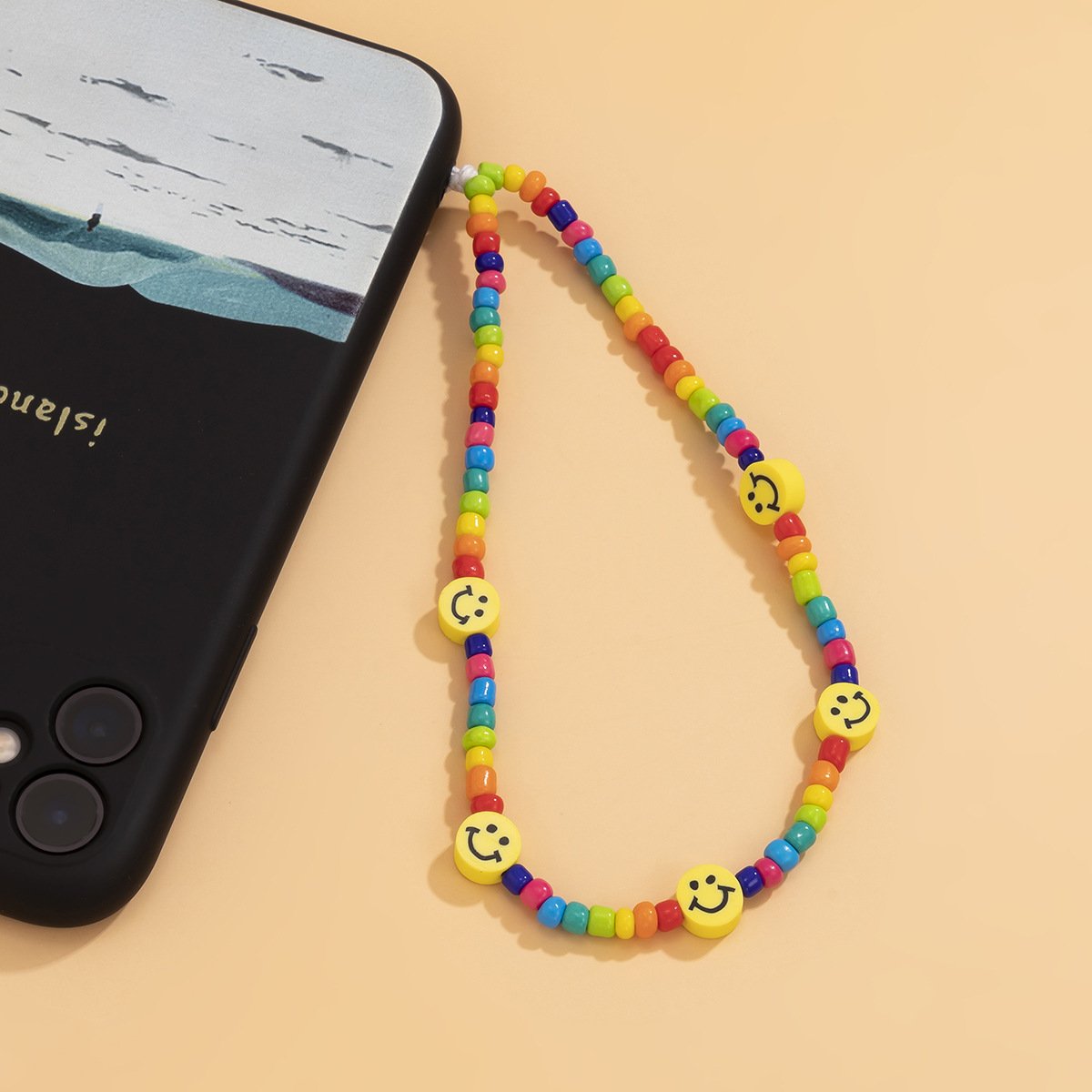 Jewelry Creative Smile Face Contrasting Color Rice Beads Beaded Mobile Phone Chain Simple Weaving Geometric Mobile Phone Ornament