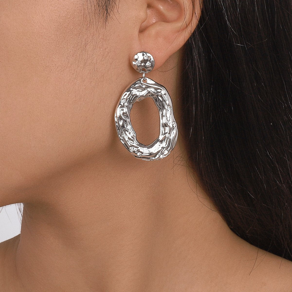 E1814 Retro Irregular Textured Earrings Female Baroque Micro-inlaid Rhinestone Metal Pop Earrings