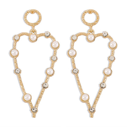 E155 Jewelry Hollow Geometric Love Exaggerated Earrings Imitation Pearl Rhinestone Temperament Earrings Women
