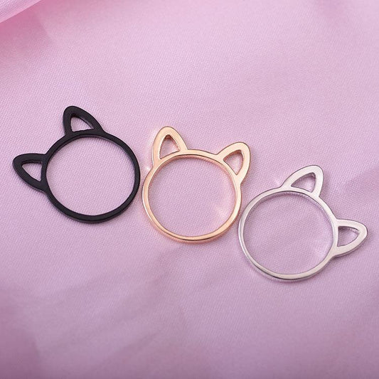 Simple creative design hollow kitten cat ears ring animal cartoon jewelry plated black ring