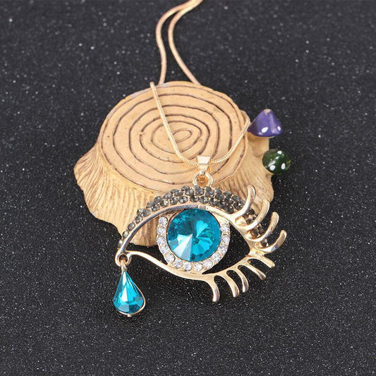 Fashion Versatile Eye Pendant Crystal Teardrop Eyelashes Necklace Long Sweater Chain Jewelry