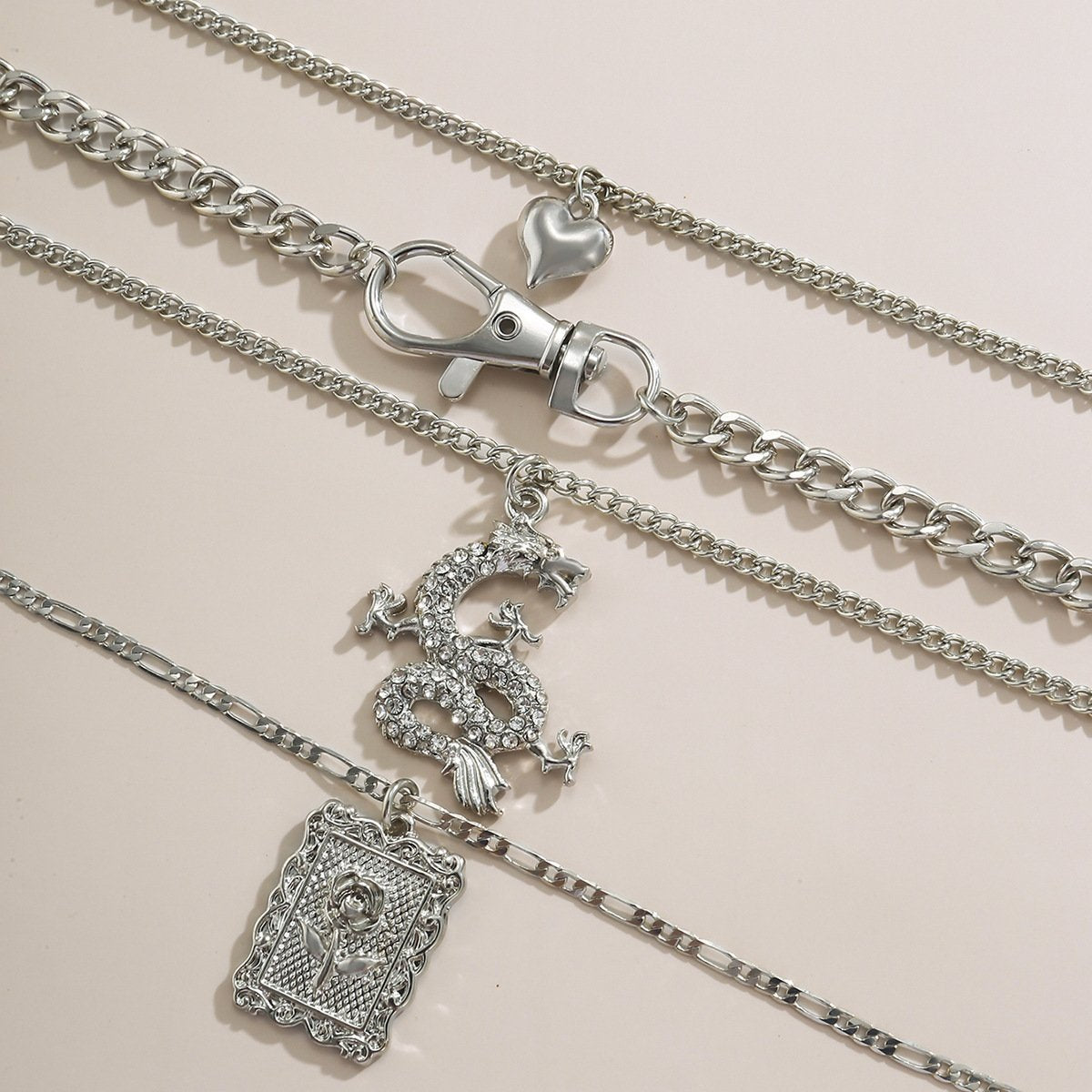 Jewelry punk key chain heart-shaped necklace female personality diamond-encrusted dragon-shaped rose multi-element necklace