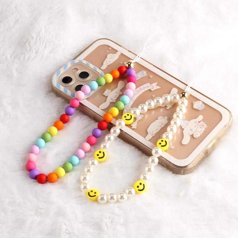 Bohemia Iridescent Frosted Beads Yellow Smiley Face Imitation Pearl Personality Phone Chain Pendant Rope