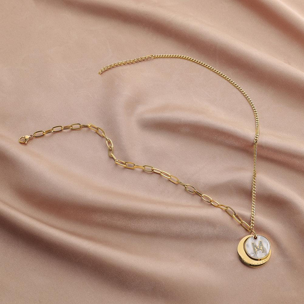 Fashion personality stainless steel gold shell letter M diamond pendant titanium steel ladies necklace