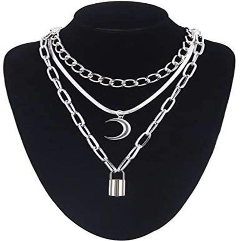 Jewelry Copper Snake Chain Crescent Pendant Necklace Women's Lock-shaped Multi-layer Sweater Chain Two-piece Set