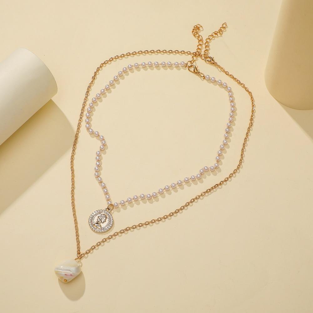 Ins temperament freshwater special-shaped pearl pendant personality portrait embossed coin fashion double layer necklace