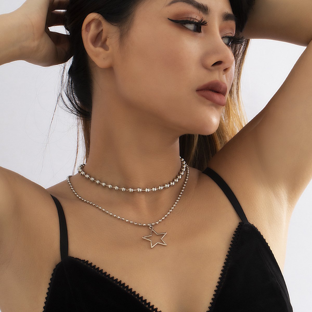 Jewelry Sweet and Cool Metal Bead Mix and Match Necklace Punk Star Hollow Pendant Double Necklace Female