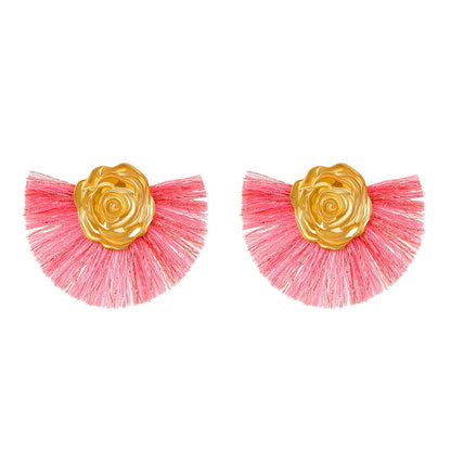 Ins fan-shaped tassel earrings female Bohemian ethnic exaggerated rose geometric earrings temperament