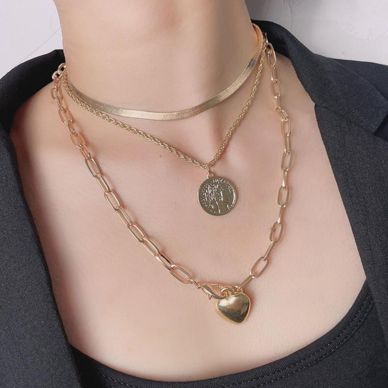 Necklace Retro Temperament Portrait Round Card Necklace Female Simple Peach Heart Metal Chain Three Layers Necklace