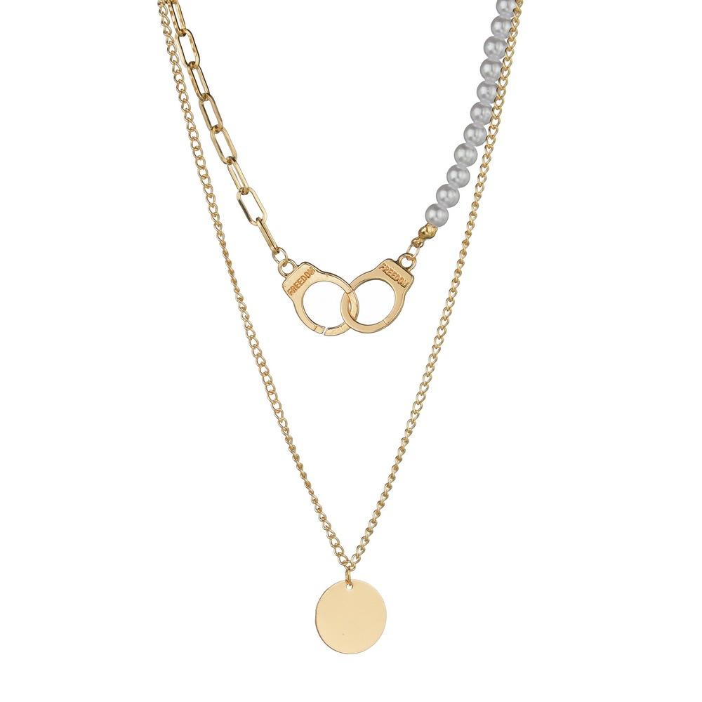 Fashion Alloy Handcuffs Round Iron Sheet Pendant Multilayer Necklace Imitation Pearl Clavicle Chain Necklace Accessories
