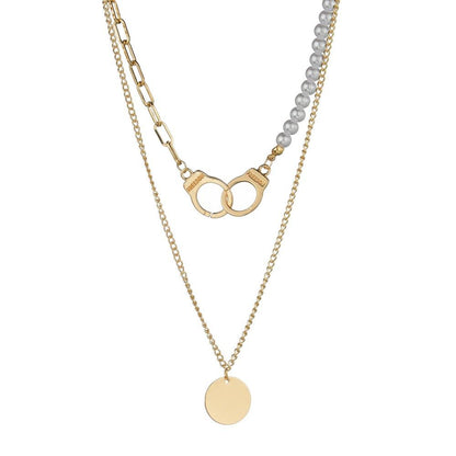 Fashion Alloy Handcuffs Round Iron Sheet Pendant Multilayer Necklace Imitation Pearl Clavicle Chain Necklace Accessories