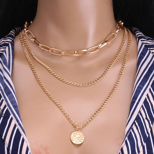 Fashion autumn and winter sweater sweater chain hip-hop ins copper coin decoration multi-layer necklace for men and women