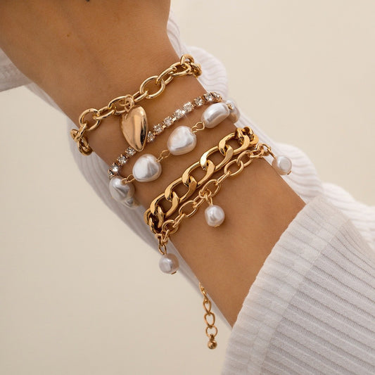 Jewelry Temperament Baroque Shaped Pearl Bracelet Hip Hop Peach Heart Chain Hand Decoration Set