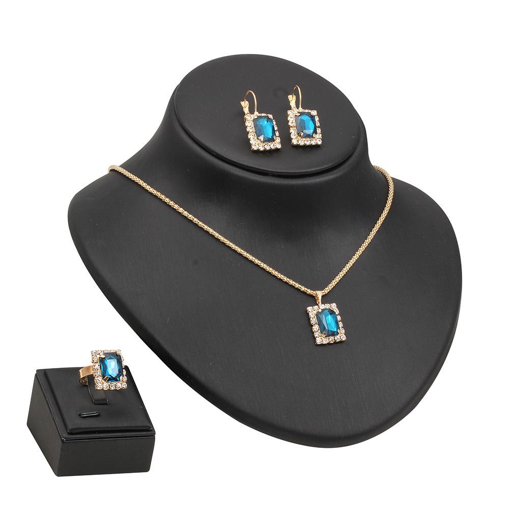 Bride Wedding Dress Female Accessories Square Diamond Gold Pendant Earrings Ring Three-Piece Set