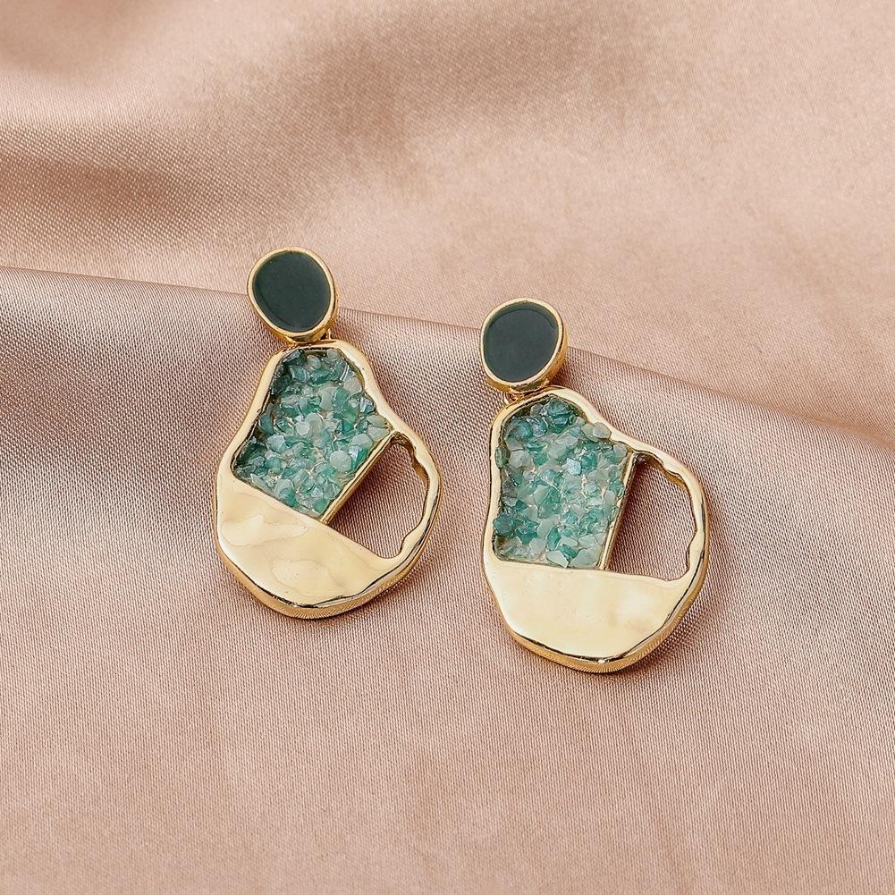 Earrings Temperament Green Gravel Geometric Hollow Drop Oil Pendant Fashion Versatile Jewelry