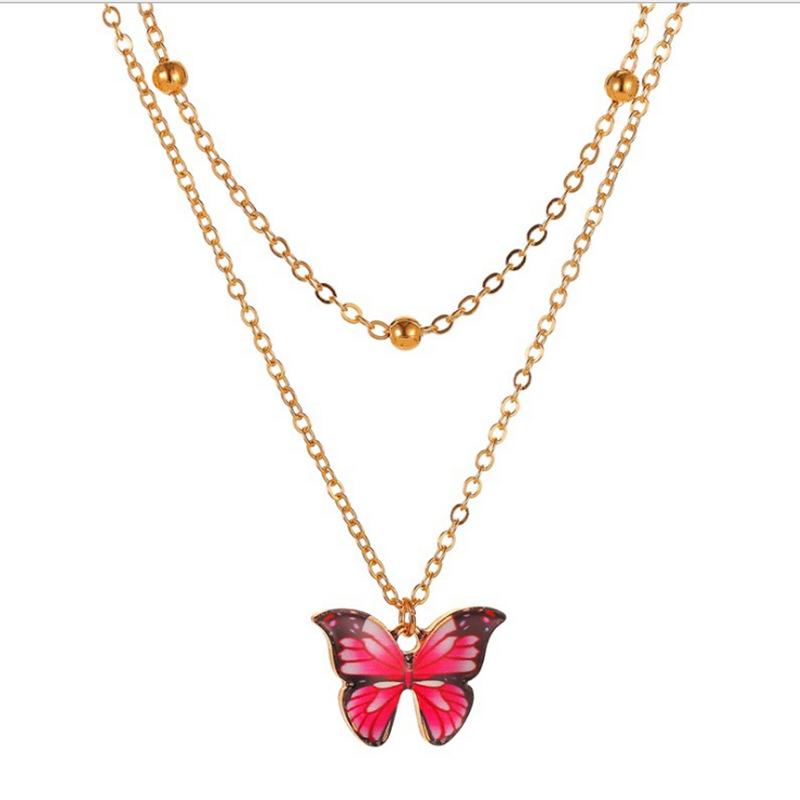 Set Butterfly Jewelry Colorful Double Layer Butterfly Pendant Necklace Feminine Elegant Butterfly Earrings